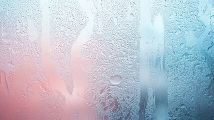 Poster - Water vapor is condensing on a cool glass surface, forming droplets and rivulets against a softly blurred pink and blue background, creating a visually appealing abstract pattern