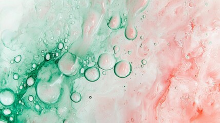 Poster - Pink and green acrylic paint mixing together, creating bubbles and abstract shapes, forming a mesmerizing fluid art pattern