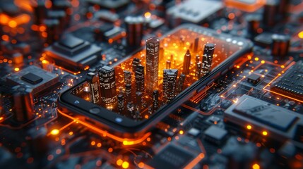 Poster - A futuristic city skyline is displayed on a smartphone screen, resting on a circuit board with glowing lights.