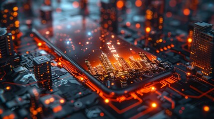 Poster - A futuristic cityscape reflected in a smartphone screen, sitting atop a glowing circuit board.