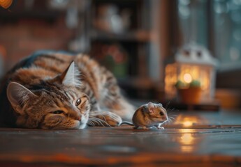 A cat and a small mouse on the floor next to each other. AI.