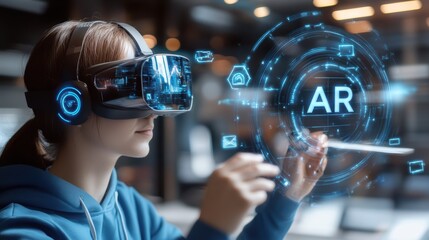 Poster - young woman engaging with augmented reality technology using a vr headset in a modern digital enviro