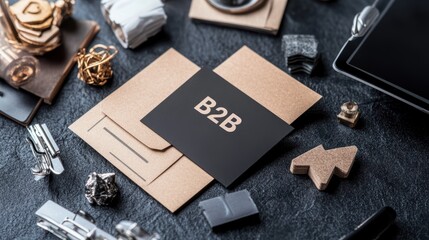 Poster - modern b2b concept with office supplies and technology on dark desk background