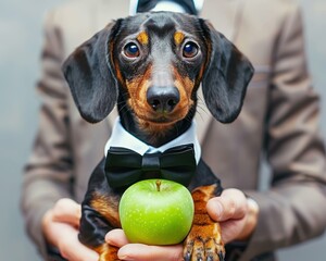 Sticker - A dapper dog in a bow tie holds a green apple. AI.