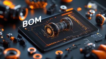 Poster - futuristic digital blueprint on tablet displaying mechanical component with orange accents in high-t