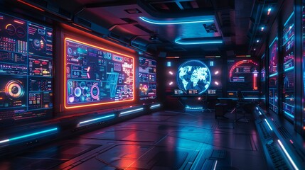 Poster - A futuristic, high-tech control room with glowing screens and a world map display.