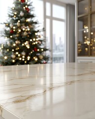 Wall Mural - A marble countertop with a blurred Christmas tree in the background. AI.