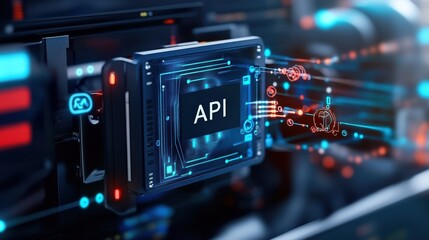 Poster - futuristic digital interface with api technology displayed on a high-tech screen in a modern data ce
