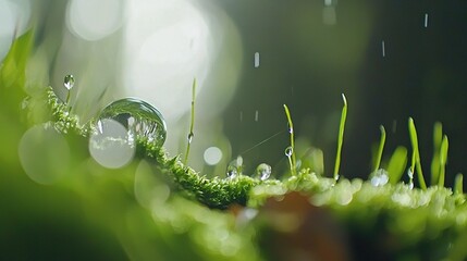 Poster - close-up of a green plant with water droplets & grass on the opposite side