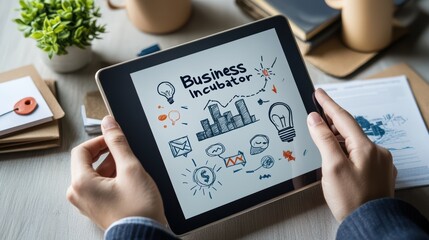 Poster - Business Incubator Concept on Digital Tablet with Doodles and Icons for Startup and Innovation Strategy
