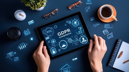 Poster - gdpr compliance concept with digital tablet and icons on dark desk with glasses and coffee
