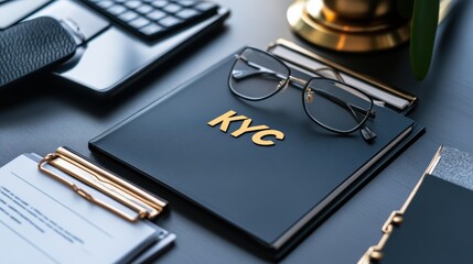 Poster - modern office desk with kyc document, glasses, and office supplies for business and finance concept