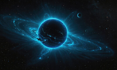 Wall Mural - a dark planet with a bright blue ring is surrounded by other celestial bodies