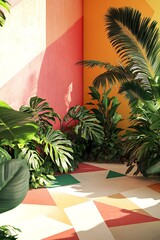 Tropical Plants in a Corner with Geometric Floor and Colorful Walls