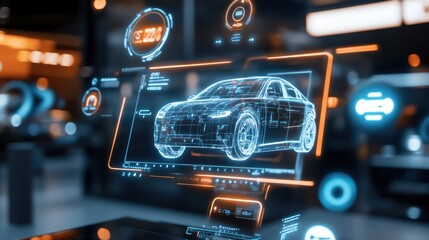 Poster - Futuristic Holographic Display of a Car Design in a High-Tech Automotive Engineering Environment