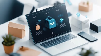 Poster - Modern E-commerce Concept with Laptop Displaying B2C Marketing Strategy on a Desk with Packaging Boxes and Smartphone