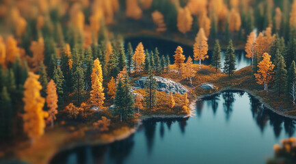 Aufkleber - A small lake nestled in the middle of a dense forest, with trees turning vibrant shades of yellow and orange in the autumn light