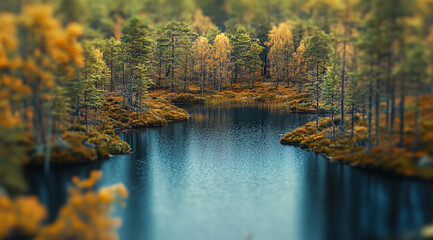 Aufkleber - A serene lake nestled amidst a lush forest, where autumn leaves paint the landscape in warm hues. The still waters reflect the surrounding trees, creating a picture of tranquility