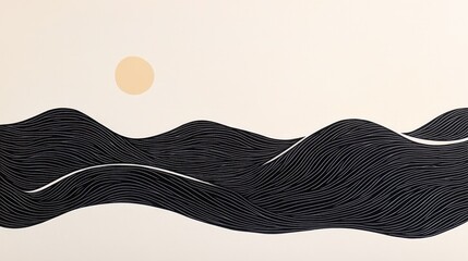 Poster - Minimalist Abstract Art Depicting Wavy Black Lines Against a Soft Beige Background with a Subtle Sun, Perfect for Modern Interior Design or Creative Projects