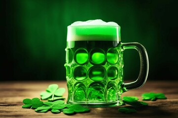 Wall Mural - Glass of green beer with frothy head. A tall glass of vibrant green beer with a frothy white head, illuminated on a green background, symbolizing celebration or St. Patrick's Day.
