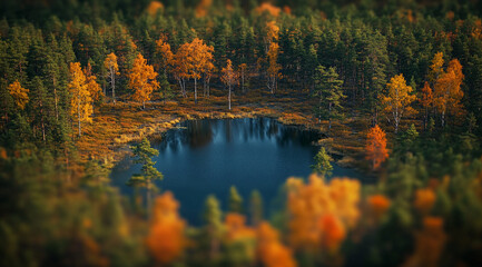 Aufkleber - A small, clear lake nestled in a forest during autumn. The trees are mostly green with some patches of bright yellow and orange leaves