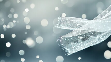 Poster - a close-up of a white ribbon on a blue and black background with small water bubbles along the edge 