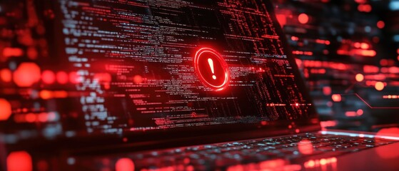 Poster - A laptop screen displaying a red warning symbol amidst code, indicating a security alert.