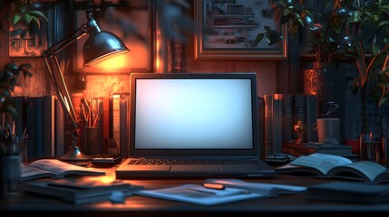 Poster - A cozy workspace with a laptop, books, and plants, perfect for studying or working.