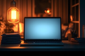 Poster - A cozy workspace at night featuring a laptop and warm lighting.