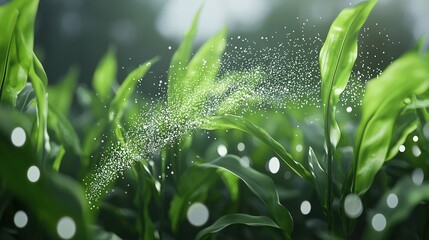 Wall Mural - a green plant with water droplets on its leaves and a blurred background