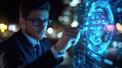 Poster - A businessman interacts with a futuristic digital interface in a dark, urban setting.