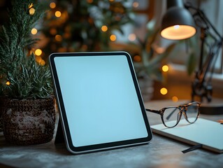 Poster - A cozy workspace featuring a tablet, glasses, and plants with warm lighting.