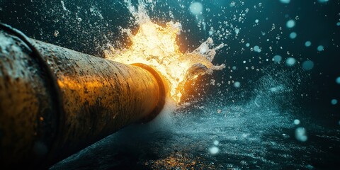 Underwater gas pipe exploding and releasing fire and bubbles