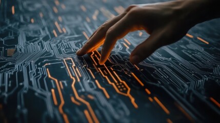 Poster - A hand touches a circuit board, symbolizing interaction with technology and innovation.