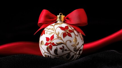 Elegant Christmas ornament with red bow and gold decoration on black background.