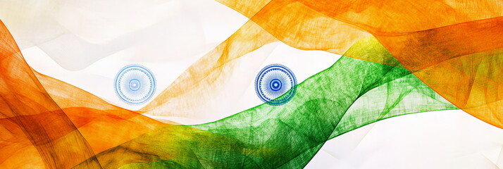 Poster - Dynamic wide horizontal web banner India Republic Day background with intersecting lines in saffron, white, and green, creating an abstract geometric pattern accented by blue Ashoka Chakra details.