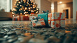 © pipop - Colorful wrapped gifts are placed on a textured floor, with a decorated Christmas tree glowing in the background, creating a festive ambiance.