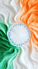 Poster - Elegant vertical social media banner India Republic Day abstract background with swirling patterns in the Indian tricolor, layered over a textured white base, featuring faint blue Ashoka Chakra motifs