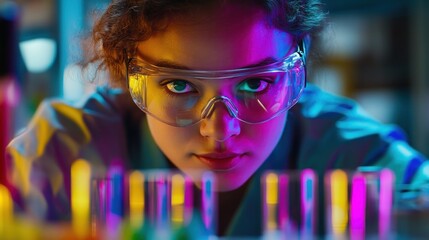Poster - A focused scientist in goggles examines colorful test tubes in a laboratory setting.
