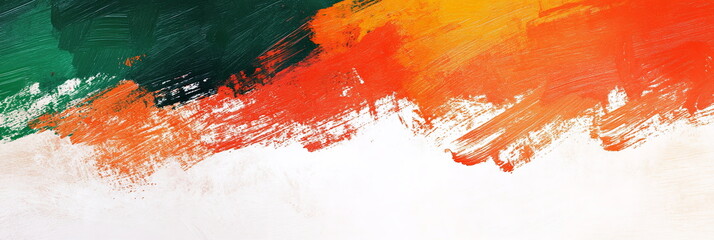 Poster - Modern wide horizontal web banner India Republic Day backdrop with bold, sweeping brush strokes in the Indian tricolor, layered over a crisp white background, with a minimalist Ashoka Chakra.