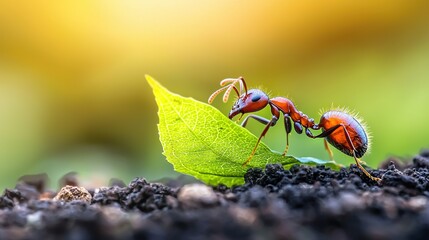 Wall Mural -   A couple of red ants stand on a green leaf atop a mound of dirt adjacent to another green leaf