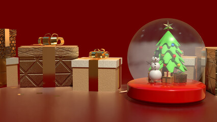 Wall Mural - The Snow man in glass ball and gift box for holiday and celebration  concept 3d rendering.