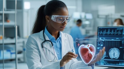 Poster - A medical professional analyzing a 3D heart model on a digital interface in a lab setting.