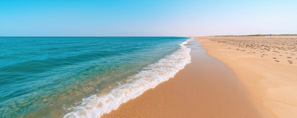 Wall Mural - A serene beach scene featuring golden sand and clear blue waves under a bright sky, perfect for relaxation and seaside enjoyment.