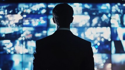 Poster - A silhouetted figure in a suit stands before a wall of screens displaying various images.