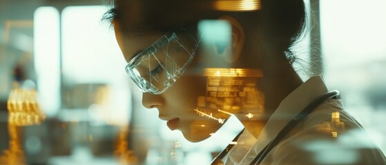 Poster - A focused scientist in protective eyewear, immersed in research and experimentation.