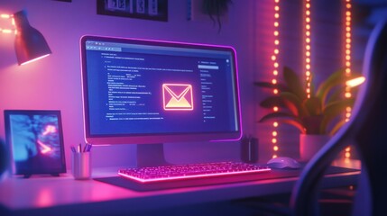 Poster - A modern workspace featuring a computer with a glowing email icon and ambient lighting.