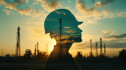 Wall Mural - a silhouette of a worker with an industrial landscape at sunset, symbolizing labor and industry.