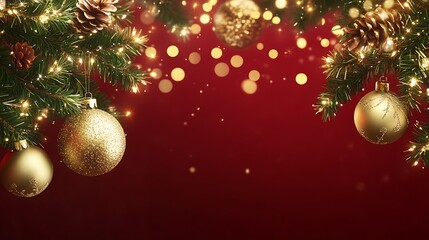Aufkleber - Stylish Golden Christmas Ornaments Amidst Pine Branches on Festive Red : Generative AI