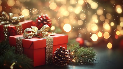 Poster - Red Christmas Gift Boxes with Gold Ribbons and Pinecone Accents Against Bokeh Light Backdrop : Generative AI